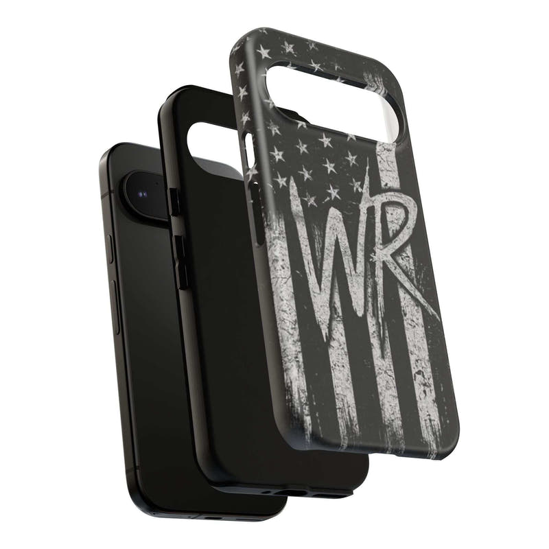 Distressed American flag phone case featuring a patriotic monogram WR by Printify.