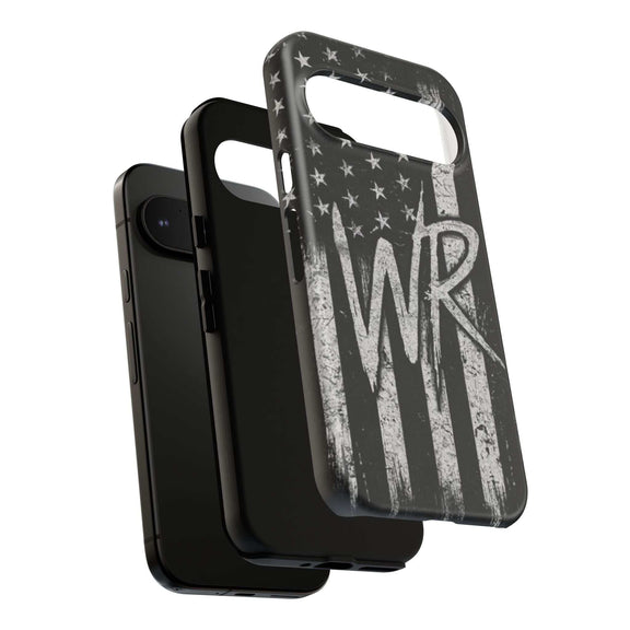 Distressed American flag phone case featuring a patriotic monogram WR by Printify.