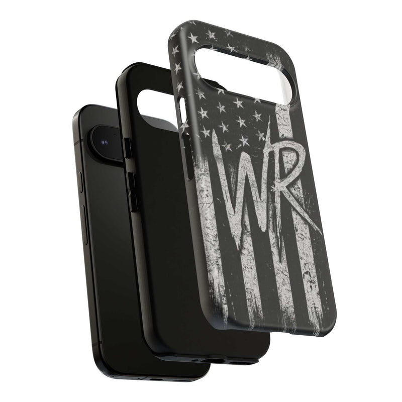 Distressed American flag phone case featuring a patriotic monogram WR by Printify.