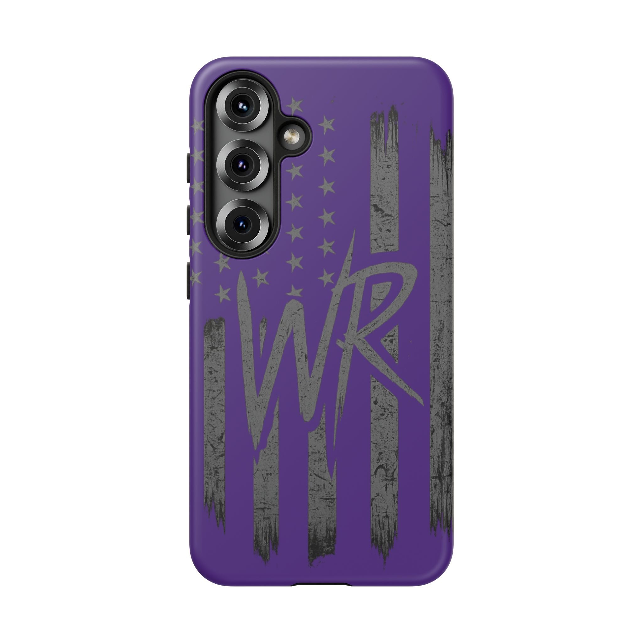 Purple 'WR' flag tough phone case by Printify with durable design and textured grip for protection and style.
