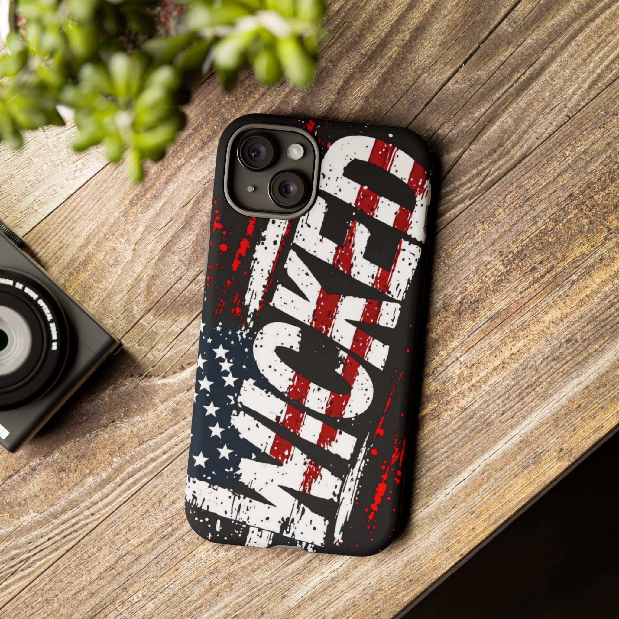 Distressed American flag phone case featuring "VETERAN" graphic by Printify, showing rugged protective design.