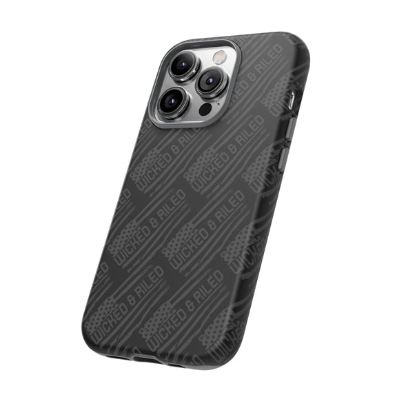 Rugged black protective phone case with "TOUGH CASES" text pattern by Printify, designed for durability and style.