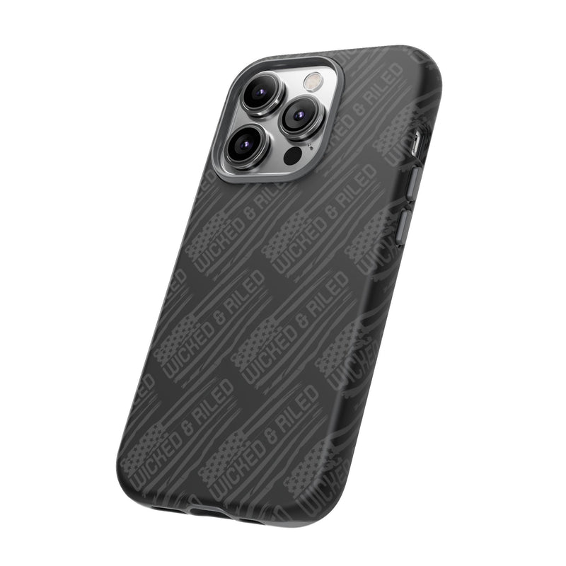 Rugged black protective phone case with "TOUGH CASES" text pattern by Printify, designed for durability and style.