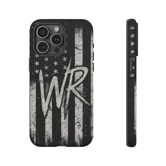 Patriotic monogram tough phone case featuring a distressed American flag design and the initials WR by Printify.