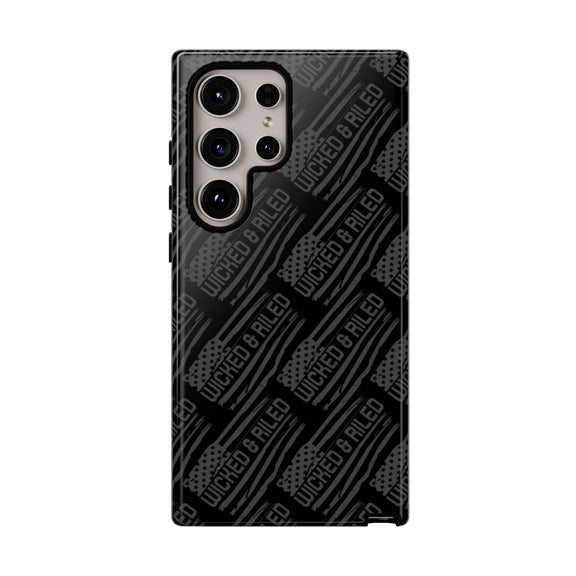 Rugged black protective phone case by Printify with a tough cases text pattern and textured surface detail.