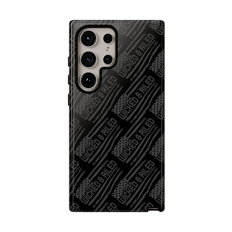 Rugged black protective phone case by Printify with a tough cases text pattern and textured surface detail.