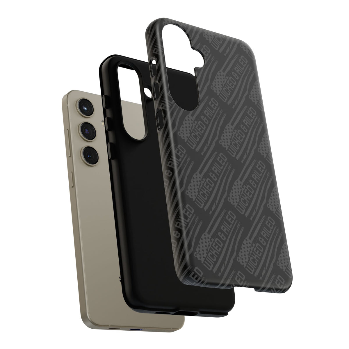 Rugged black protective phone case with "TOUGH CASES" text pattern by Printify, showcasing durable design and texture.