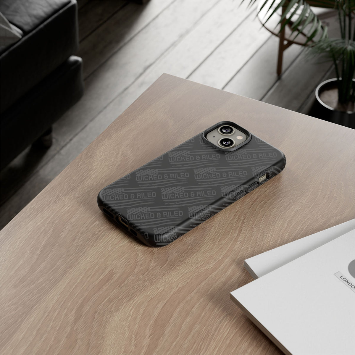 Rugged black protective phone case by Printify with a textured 'TOUGH CASES' pattern for enhanced grip and durability.