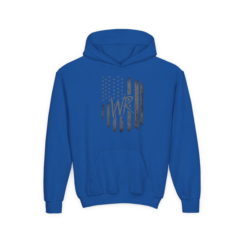 Youth Hoodie Distressed American Flag with Initials 'WR' - Wicked & Riled Clothing
