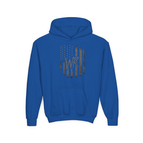 Youth Hoodie Distressed American Flag with Initials 'WR' - Wicked & Riled Clothing