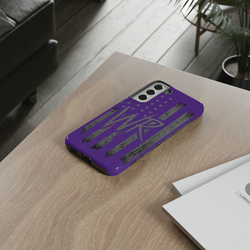 Purple 'WR' flag tough phone case by Printify, showcasing durable design and vibrant color on a smartphone.