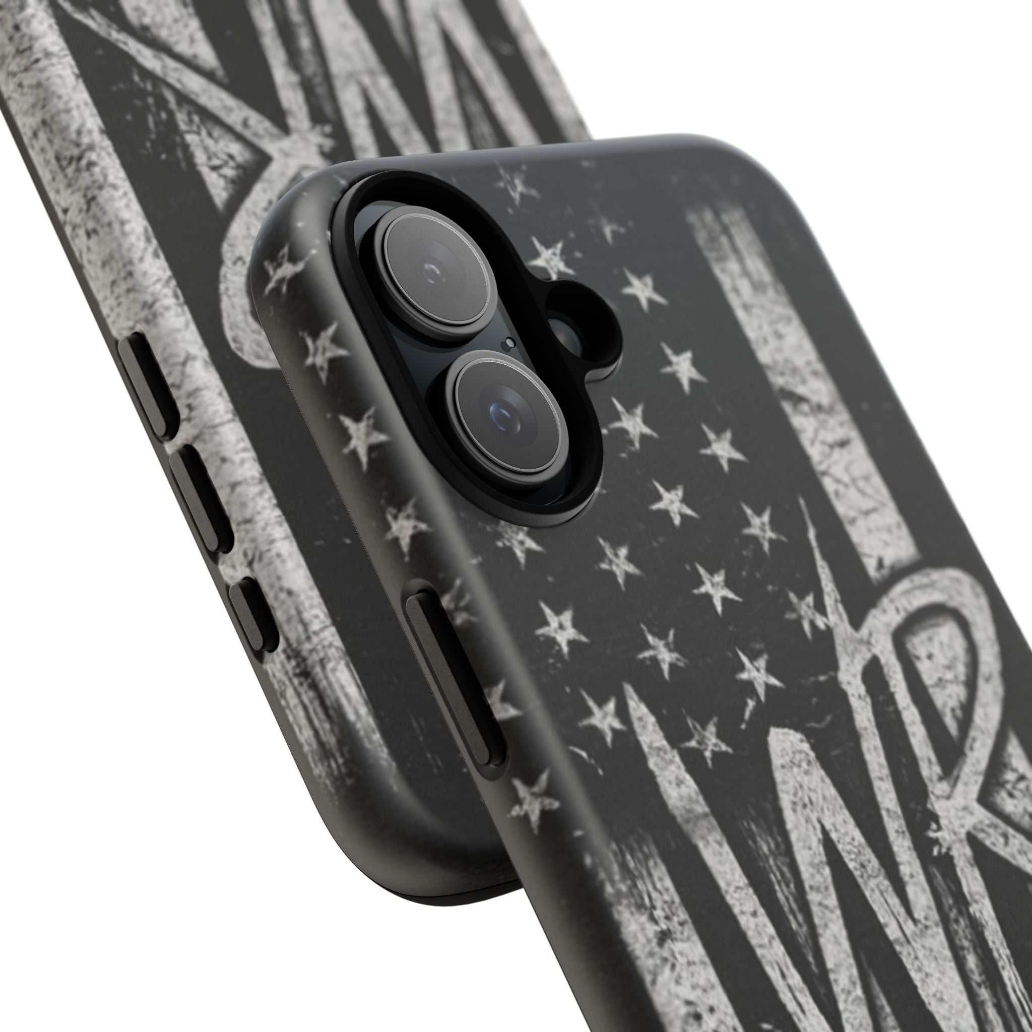 Distressed American flag design on Patriotic Monogram Tough Phone Case with WR by Printify.