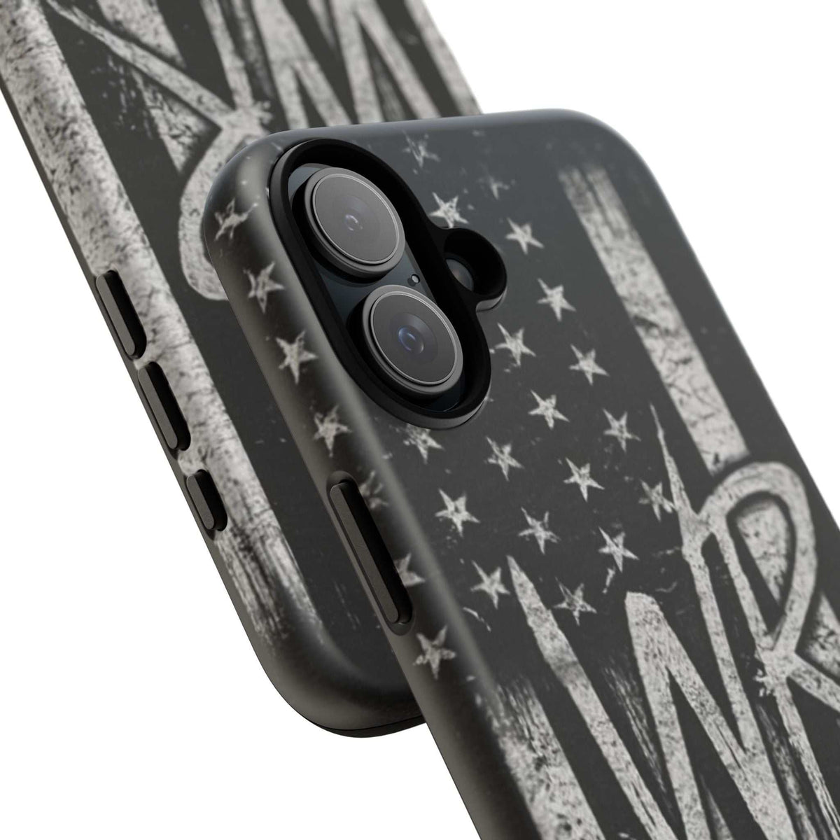 Distressed American flag design on Patriotic Monogram Tough Phone Case with WR by Printify.