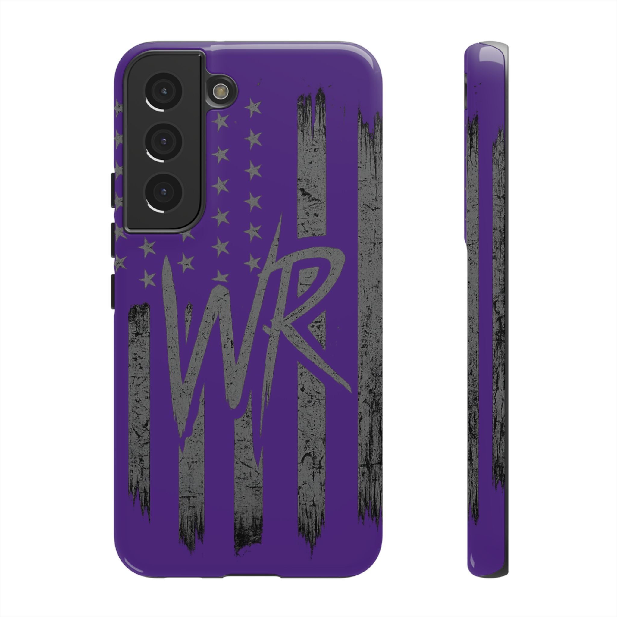 Purple 'WR' Flag Tough Phone Case by Printify, showcasing a durable design with vibrant flag graphics.