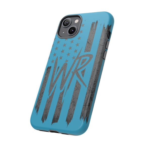 Patriotic blue 'WR' flag phone case by Printify with rugged design for enhanced protection and style.