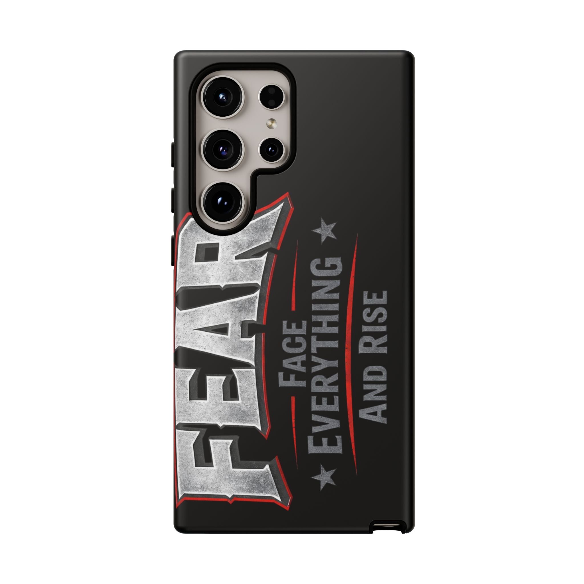 Fear phone case by Printify featuring a motivational design with "Face Everything and Rise" text on a sleek surface.