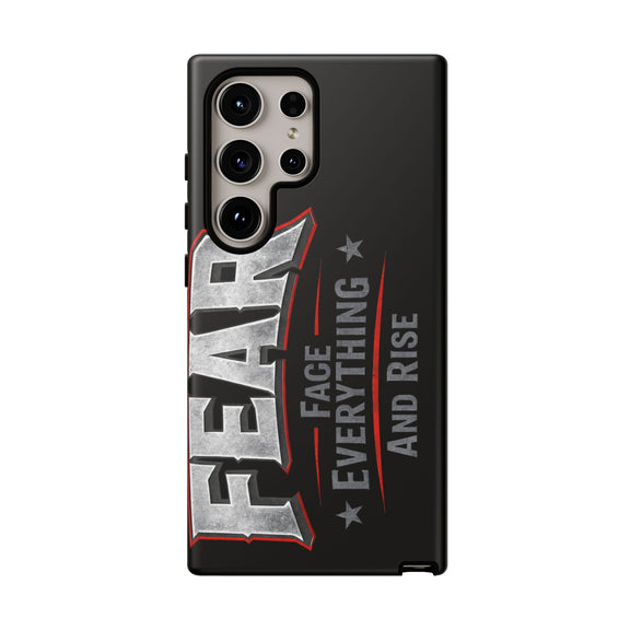 Fear phone case by Printify featuring a motivational design with "Face Everything and Rise" text on a sleek surface.