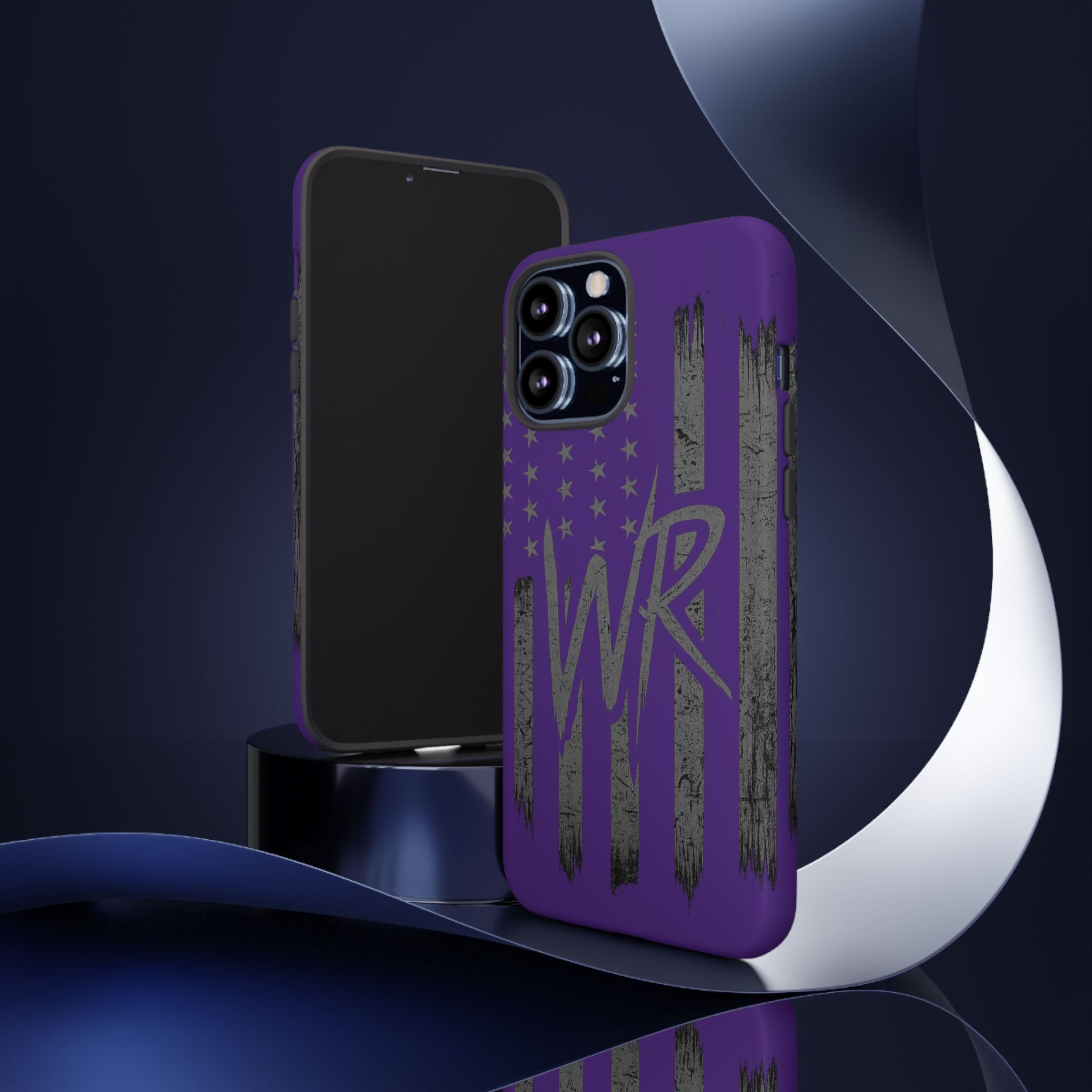 Purple 'WR' flag design tough phone case by Printify, showcasing durable protection and stylish graphics.