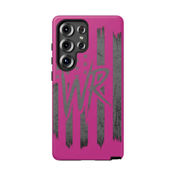 Pink 'WR' Flag Tough Phone Case by Printify featuring a durable design and vibrant flag pattern.