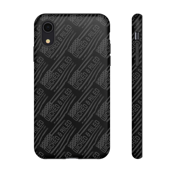 Rugged black protective phone case by Printify, featuring a textured TOUGH CASES pattern for enhanced grip and durability.
