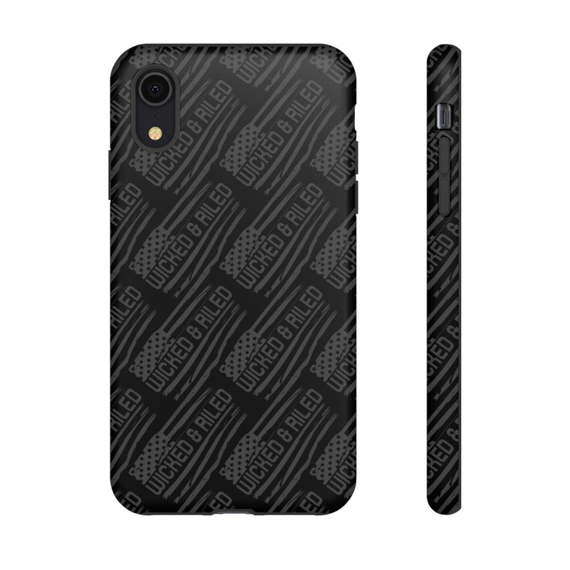 Rugged black protective phone case by Printify, featuring a textured TOUGH CASES pattern for enhanced grip and durability.