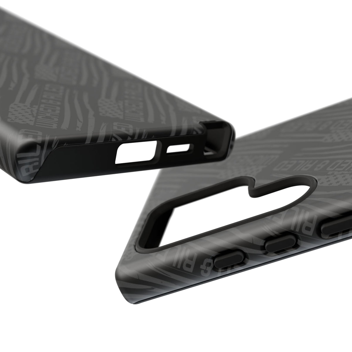 Rugged black protective phone case by Printify featuring a "TOUGH CASES" text pattern on a textured surface.