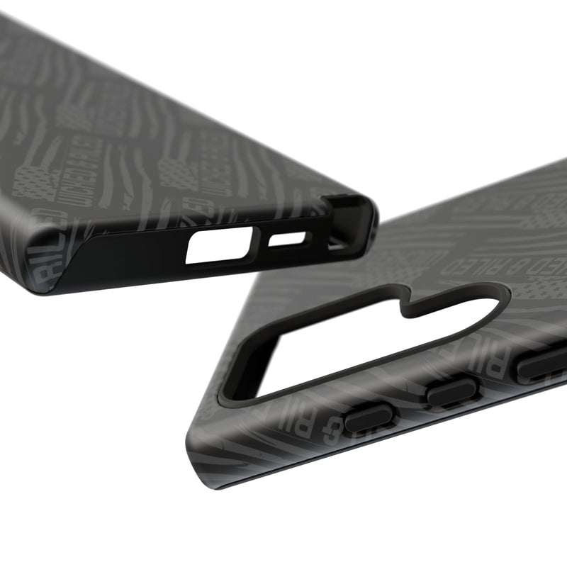 Rugged black protective phone case by Printify featuring a "TOUGH CASES" text pattern on a textured surface.