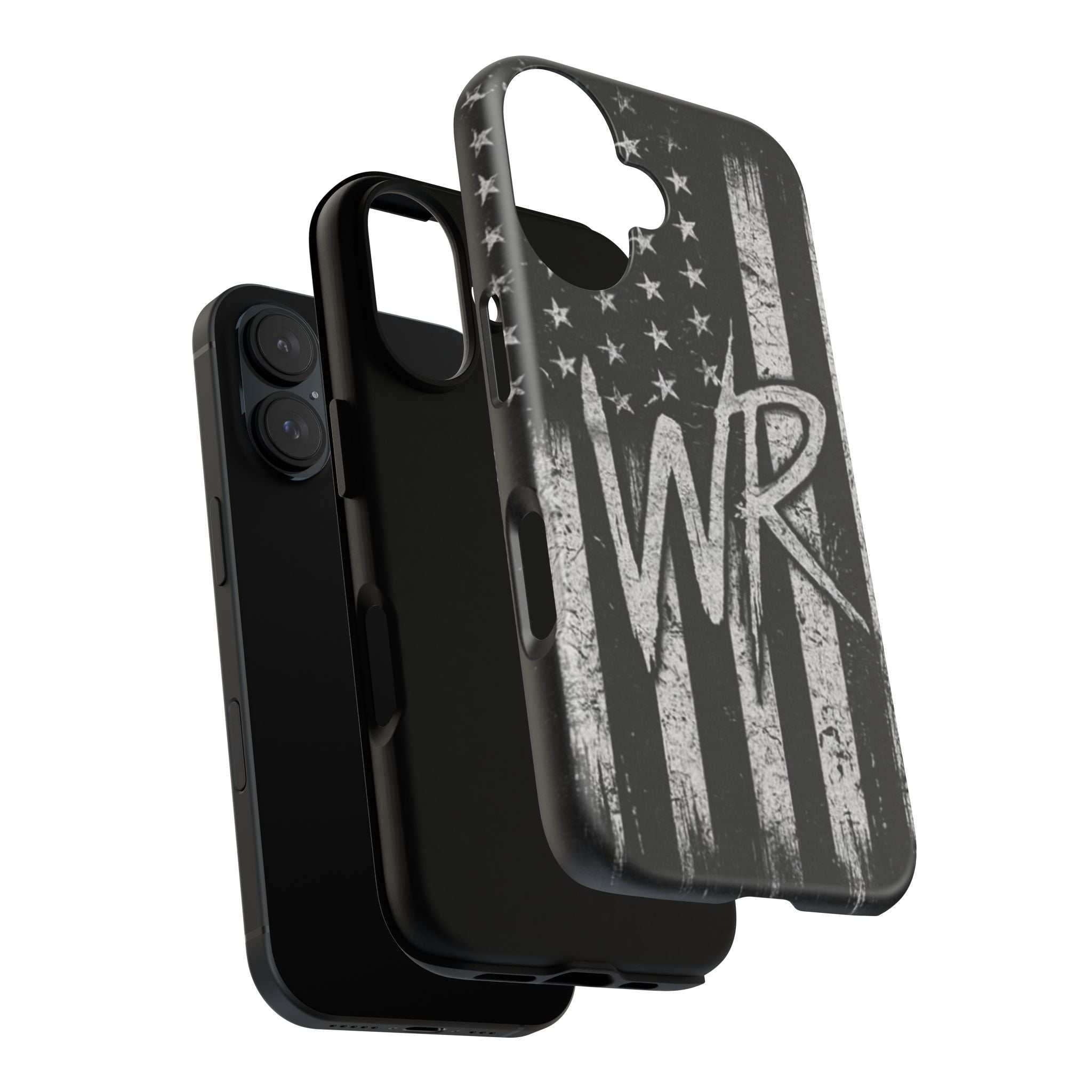Patriotic monogram tough phone case featuring a distressed American flag design with the initials WR.