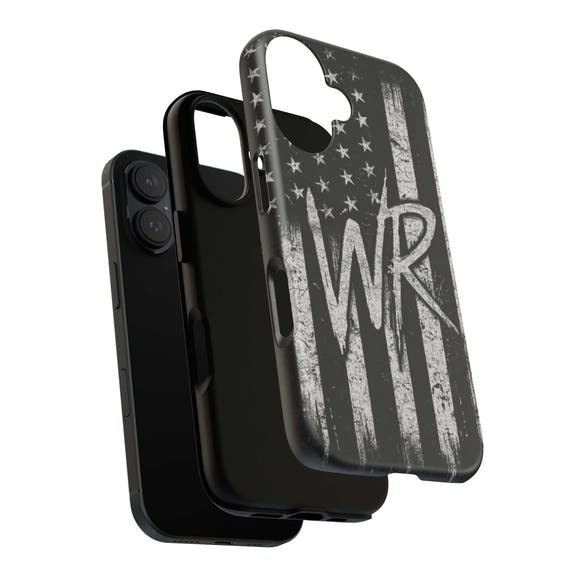 Patriotic monogram tough phone case featuring a distressed American flag design with the initials WR.