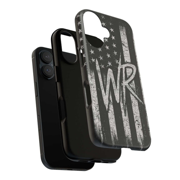 Patriotic monogram tough phone case featuring a distressed American flag design with the initials WR.