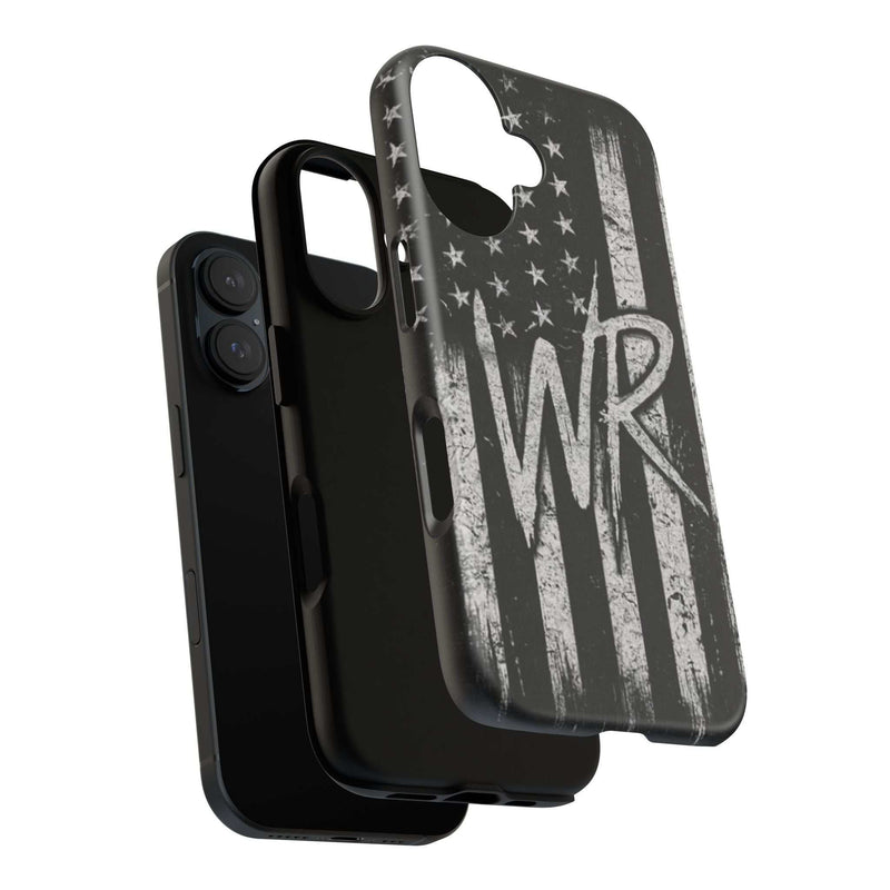 Patriotic monogram tough phone case featuring a distressed American flag design with the initials WR.
