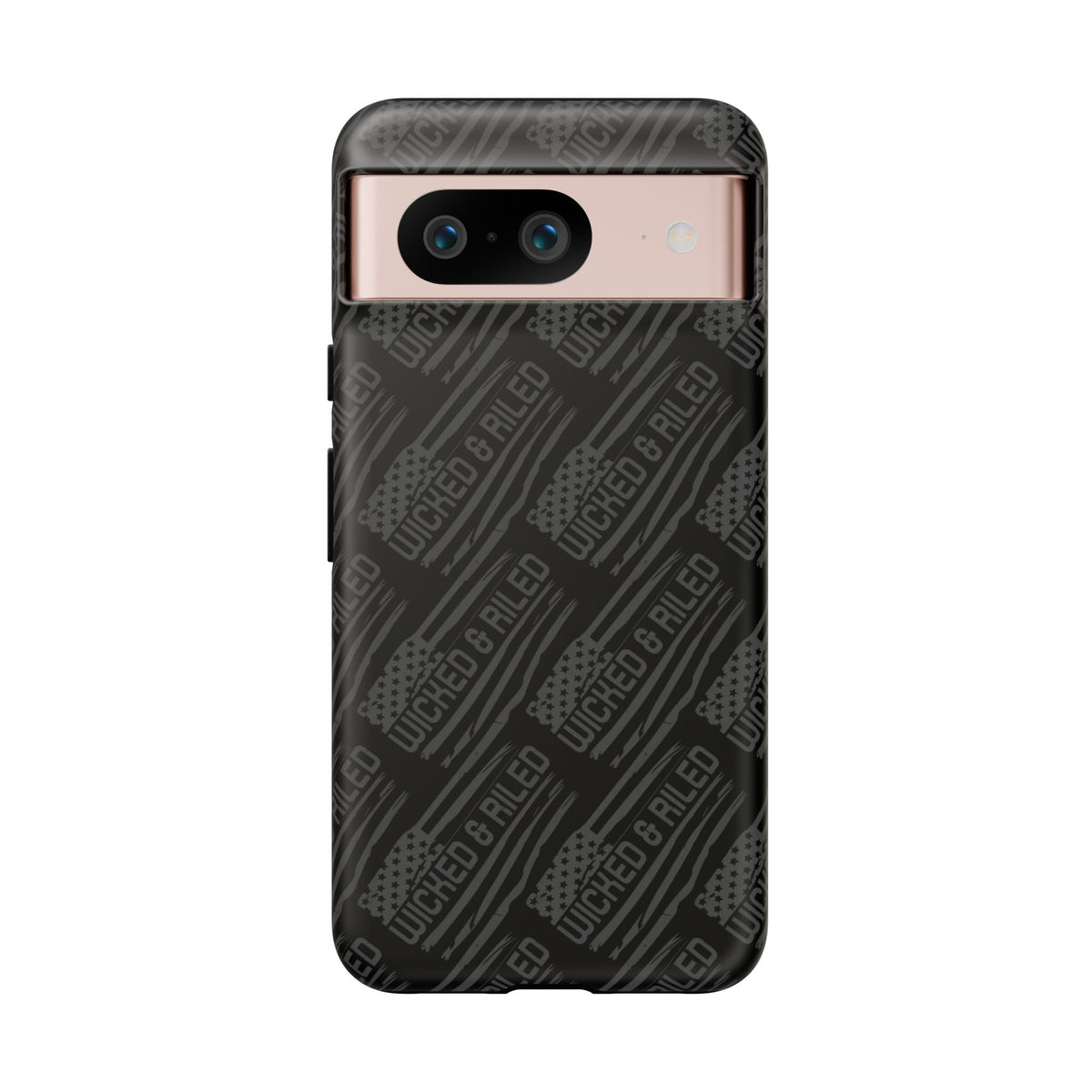 Rugged black protective phone case with TOUGH CASES text pattern by Printify, showcasing durable design and textured surface.