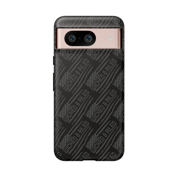 Rugged black protective phone case with TOUGH CASES text pattern by Printify, showcasing durable design and textured surface.