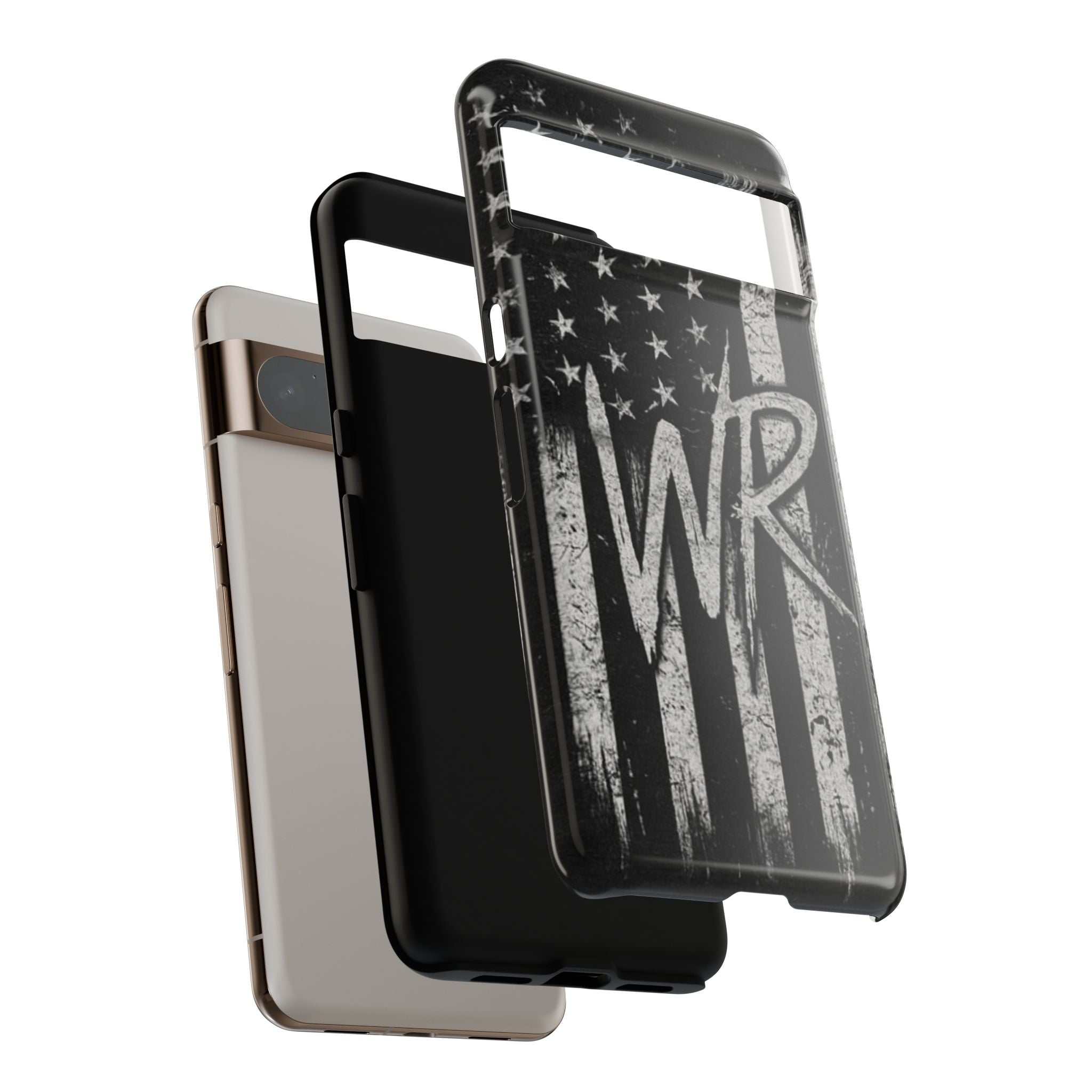 Patriotic monogram tough phone case featuring a distressed American flag design with the initials WR.