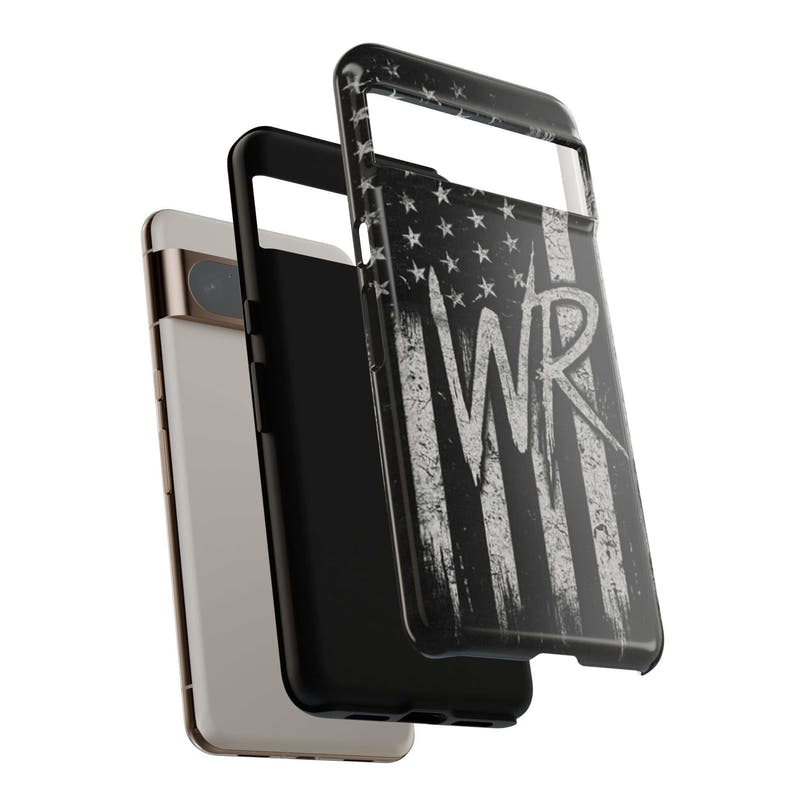 Patriotic monogram tough phone case featuring a distressed American flag design with the initials WR.