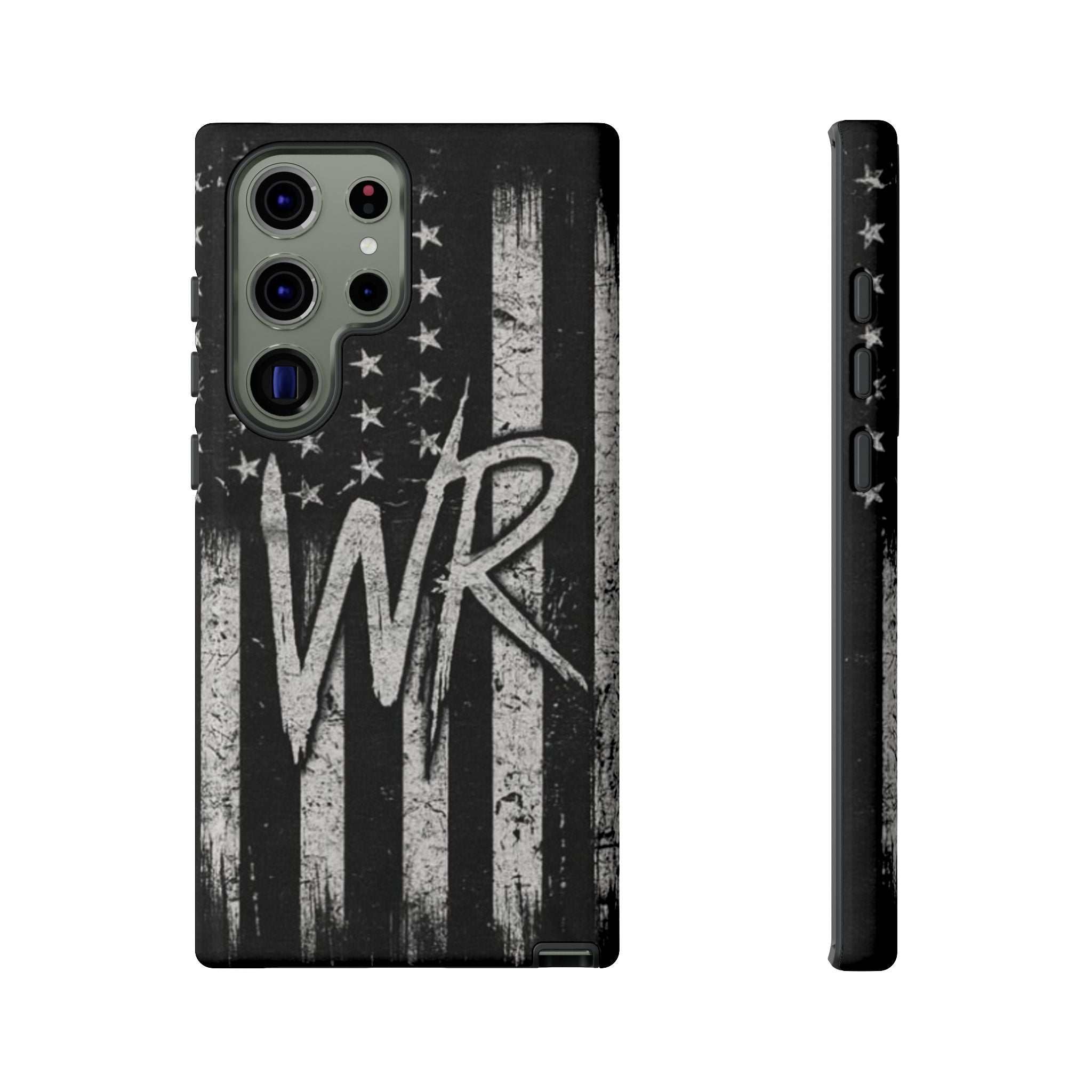 Patriotic monogram phone case featuring a distressed American flag design with the initials WR by Printify.