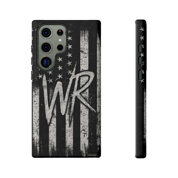 Patriotic monogram phone case featuring a distressed American flag design with the initials WR by Printify.