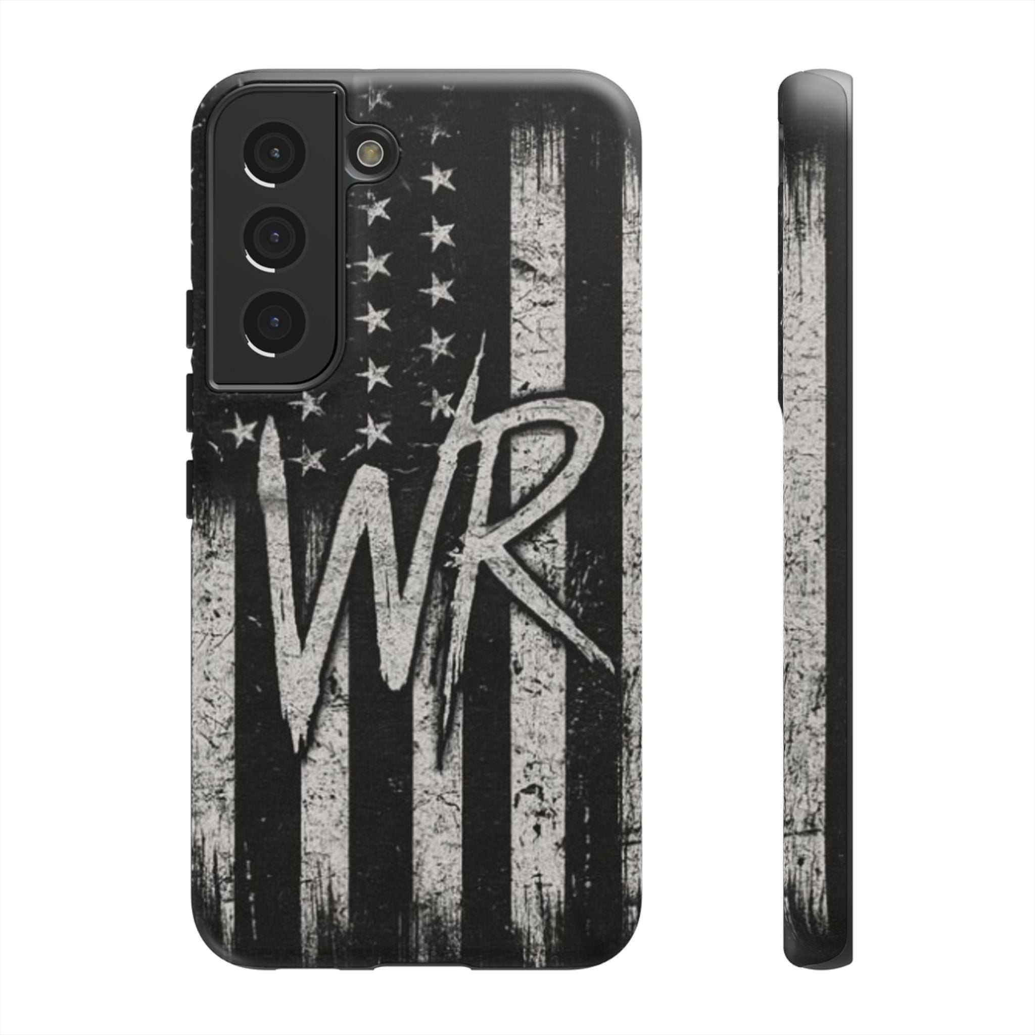 Patriotic monogram phone case featuring a distressed American flag design with the initials WR by Printify.