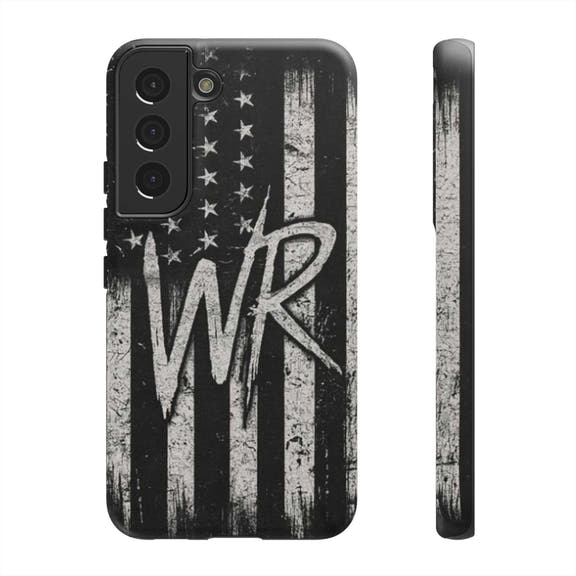 Patriotic monogram phone case featuring a distressed American flag design with the initials WR by Printify.