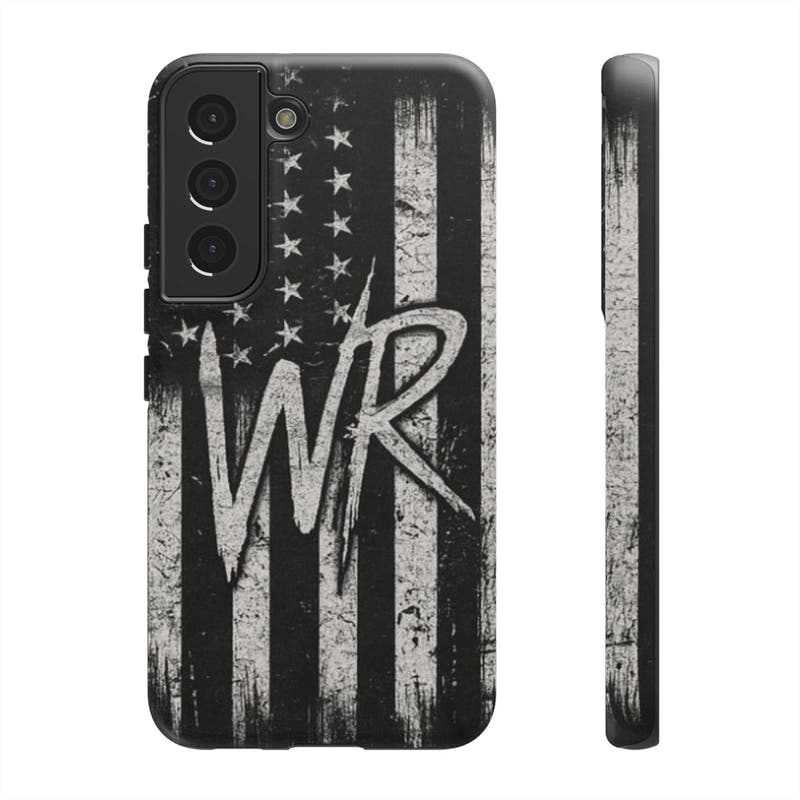 Patriotic monogram phone case featuring a distressed American flag design with the initials WR by Printify.