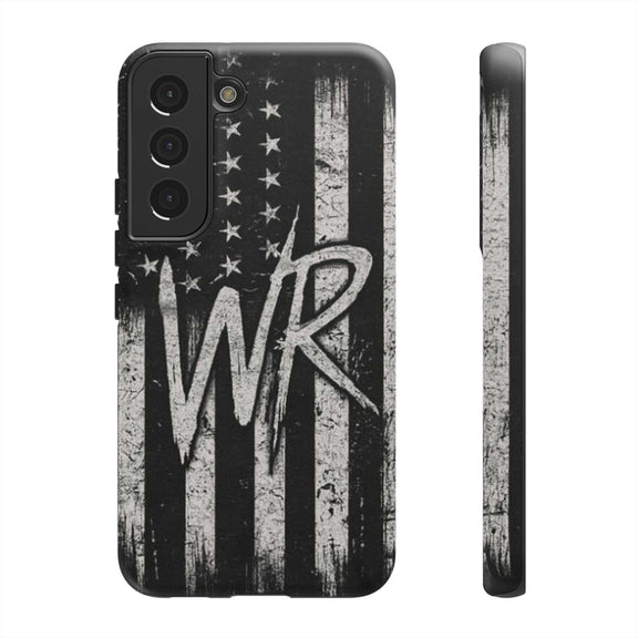 Patriotic monogram phone case featuring a distressed American flag design with the initials WR by Printify.
