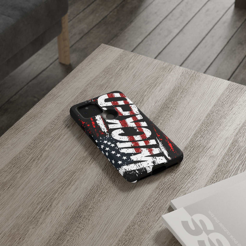 Distressed American flag phone case with "VETERAN" graphic, showcasing rugged patriotic design by Printify.