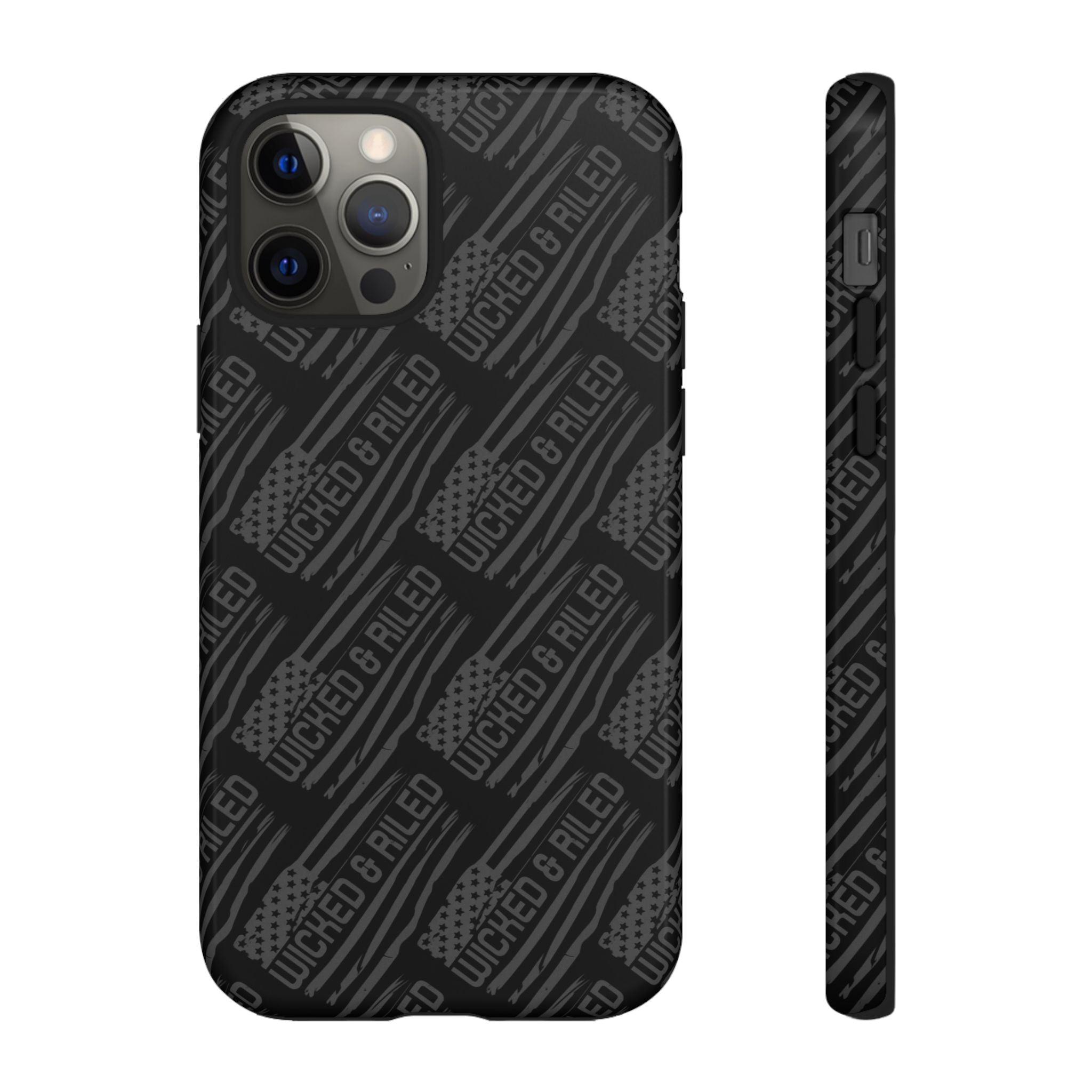 Rugged black protective phone case by Printify featuring a textured "TOUGH CASES" pattern for enhanced grip and durability.