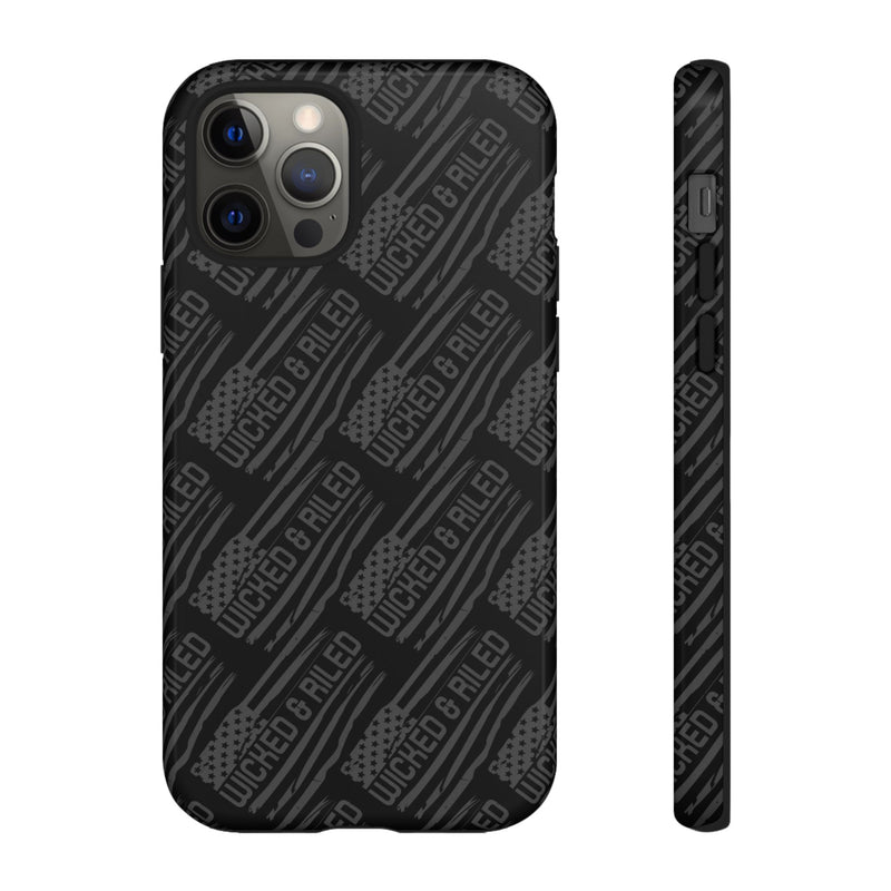 Rugged black protective phone case by Printify featuring a textured "TOUGH CASES" pattern for enhanced grip and durability.