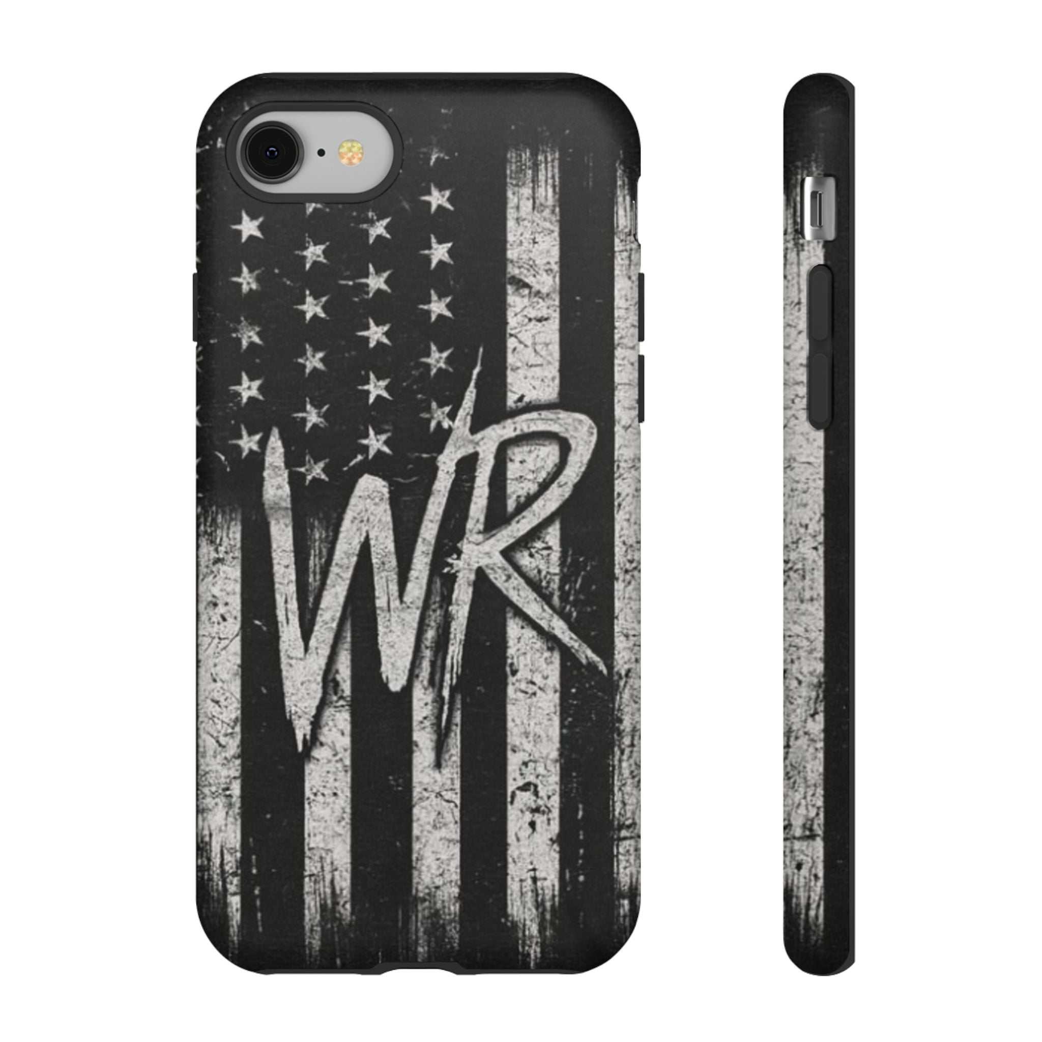 Distressed American flag phone case featuring a monogram "WR" by Printify, designed for tough protection.