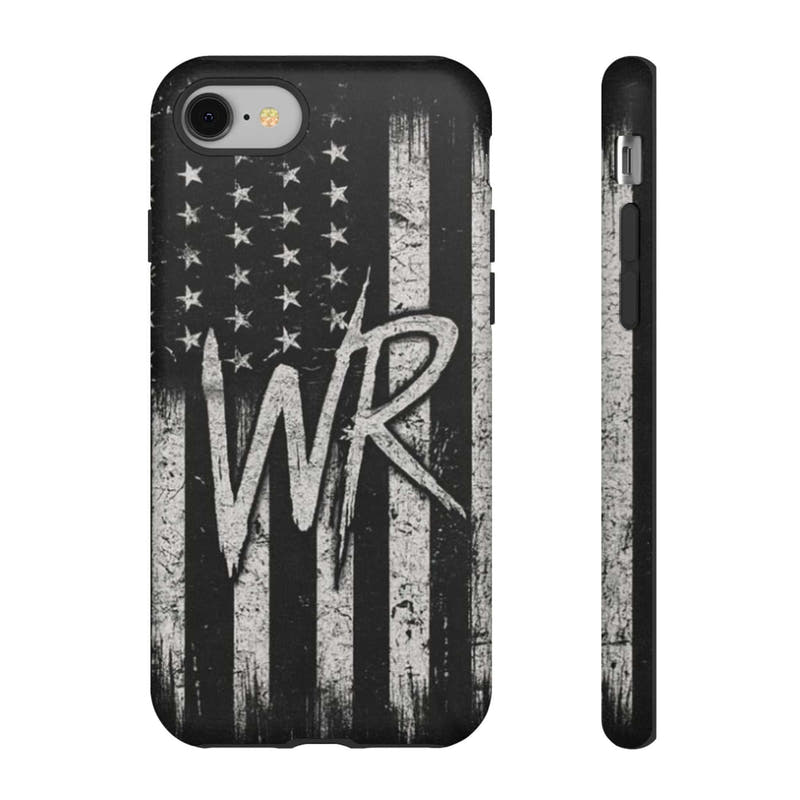 Distressed American flag phone case featuring a monogram "WR" by Printify, designed for tough protection.