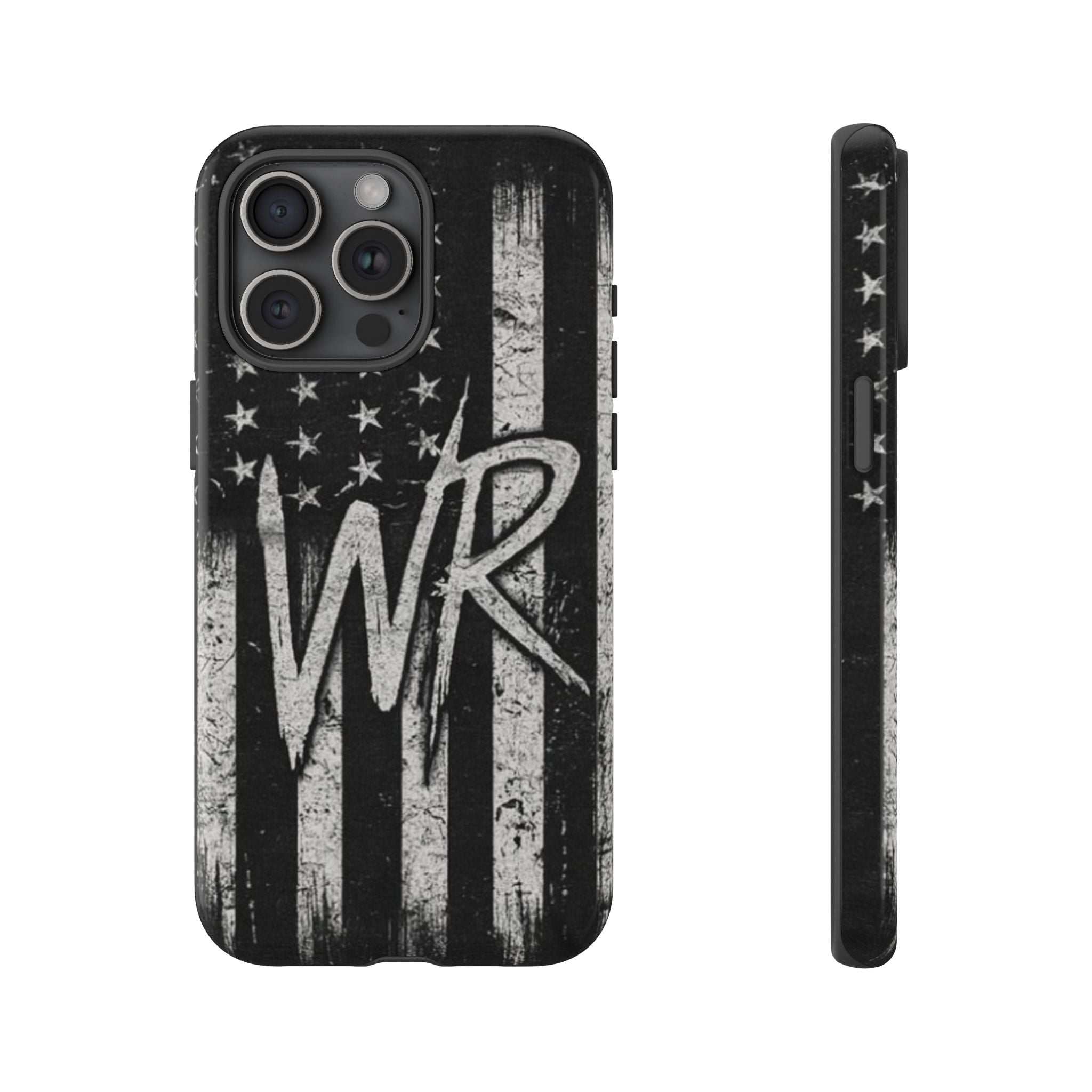 Patriotic monogram tough phone case featuring a distressed American flag design and the letters WR by Printify.