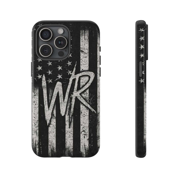Patriotic monogram tough phone case featuring a distressed American flag design and the letters WR by Printify.