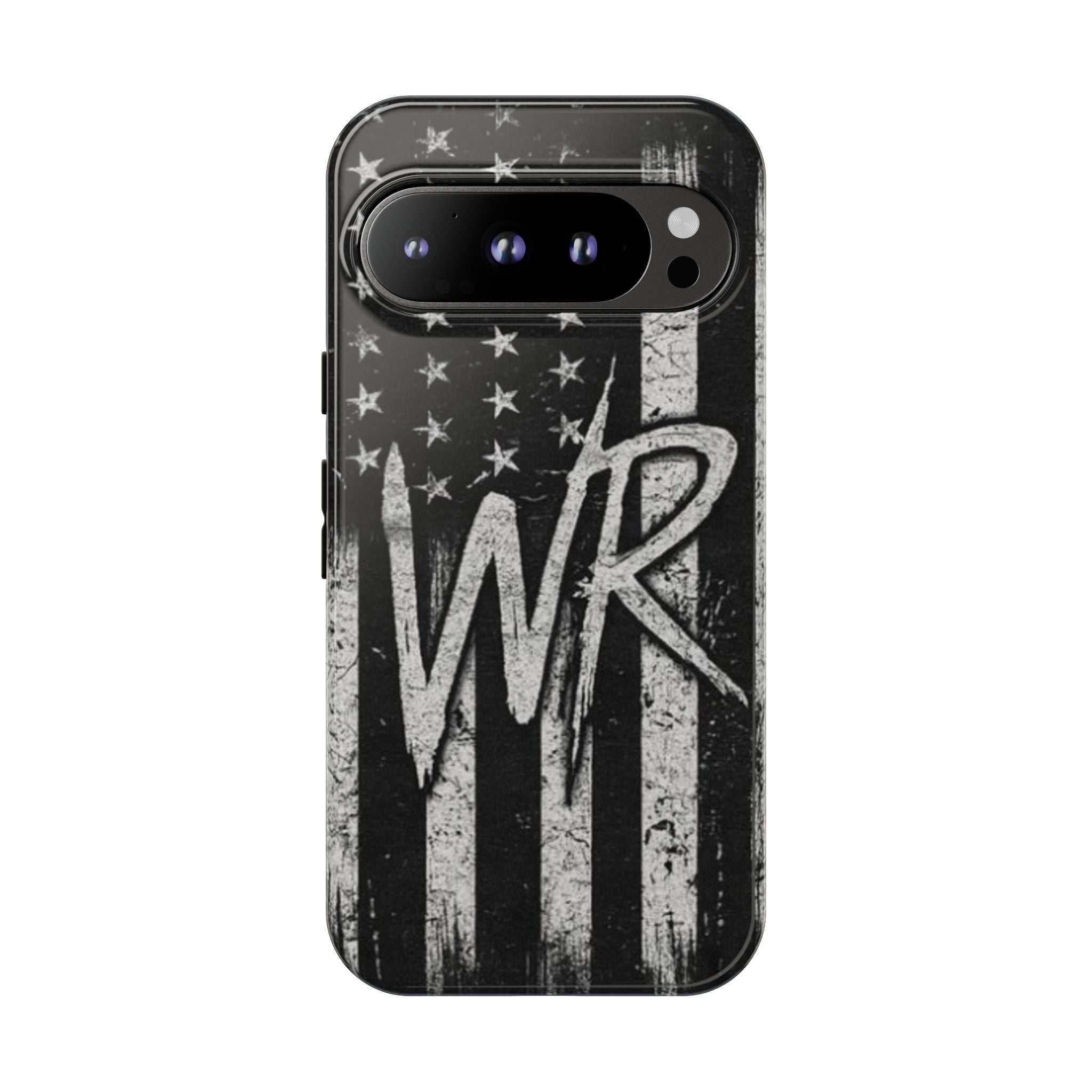 Patriotic monogram tough phone case featuring a distressed American flag design and the initials WR by Printify.