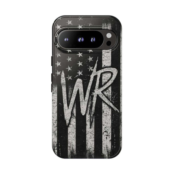 Patriotic monogram tough phone case featuring a distressed American flag design and the initials WR by Printify.